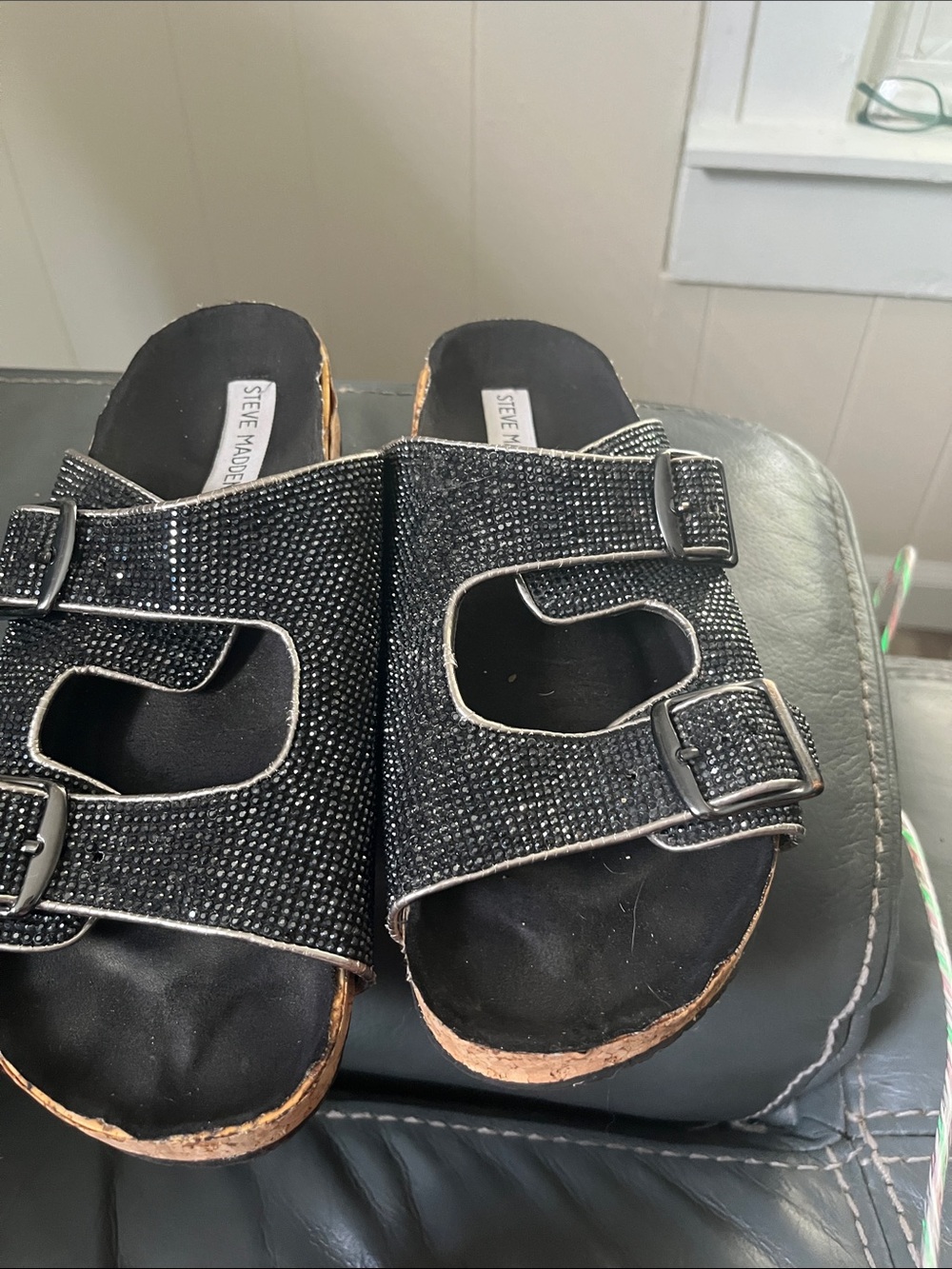 Steve Madden Black Rhinestone Buckle Cork Slide Sandals